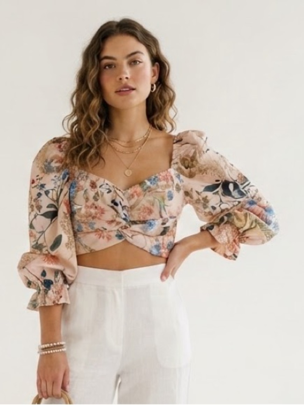 Studio F Women’s Floral Crop Top Long Sleeve Puff Sleeve Boho Blouse. Size Small